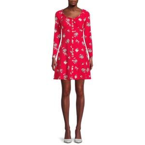 No Boundaries Red Floral Button Detail Knee length Long Sleeve Dress L
